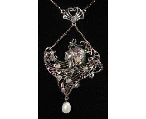 A SILVER ART NOUVEAU DESIGN PLIQUE AND PEARL PENDANT AND CHAIN.