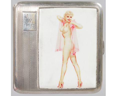 A GEORGE VI ENGINE TURNED CIGARETTE CASE, Birmingham 1933, with a full length glamour model.