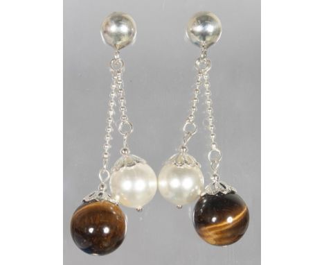 A PAIR OF TIGERS EYE AND PEARL DROP CLIPS.