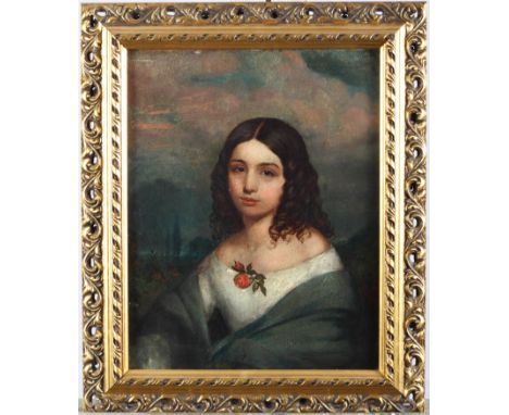 A 19th Century oil painting, portrait of a young lady in ringlets, 12" x 9", in scroll pierced gilt frame