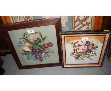 Two framed tapestry panels of fruit and flowers