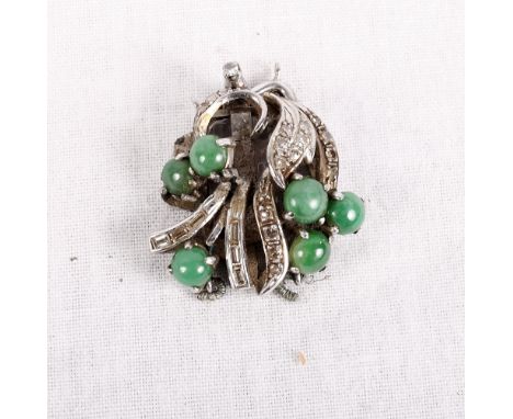 A continental 18ct white gold, diamond and jade set clasp, 8.8g (a/f)