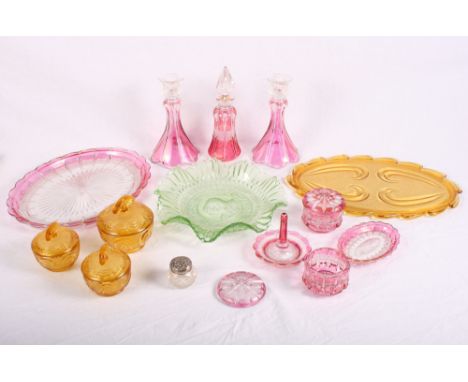 Two amber and ruby moulded glass part trinket sets and other items of decorative glass ware