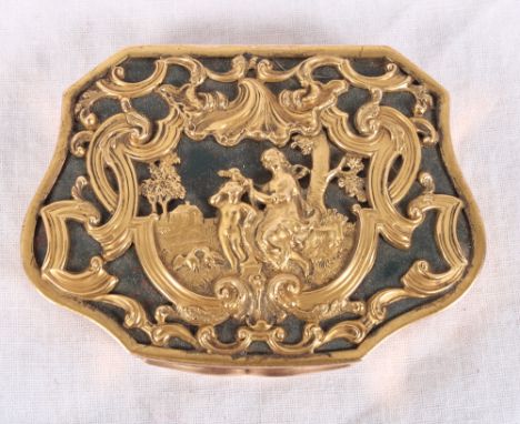 An 18th Century gilt metal and bloodstone snuff box lid with pierced scroll and figural decoration