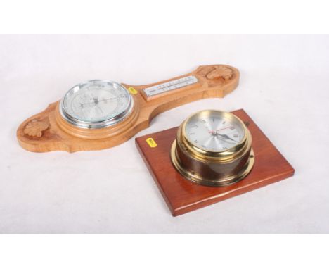 A Victorian design Hezzanith oak cased aneroid barometer, a Diplex brass cased ship's clock and a square glass decanter and s