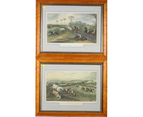 A set of four Vale of Aylesbury steeplechase prints and four other hunting and steeplechase prints, 10" x 15", in maple frame