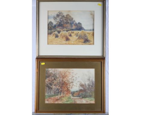 Francis M Tighe: a pair of early 20th Century watercolours, sheep on a track and harvest field, 9 1/2" x 12 1/2", signed, one