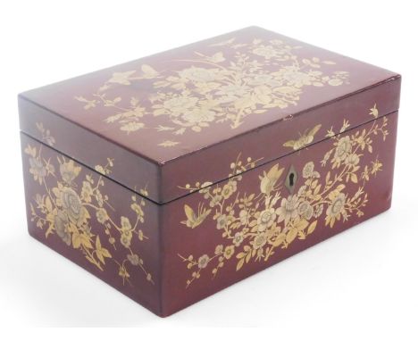 A 19thC Chinese brown lacquer tea caddy, of rectangular section, gilt decorated with butterflies and flowers, the hinged lid 