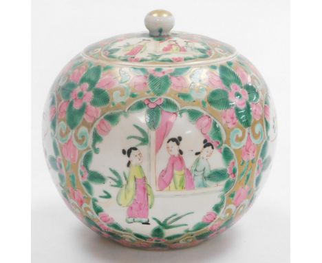 A 20thC Japanese porcelain famille rose jar and cover, of spherical form, decorated with reserves of figures, and birds and f