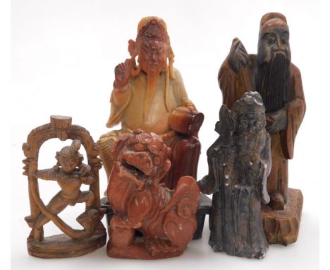 A 19thC Chinese soapstone figure of a deity on stand, modelled seated holding a scroll, 16cm high, further deity modelled sta