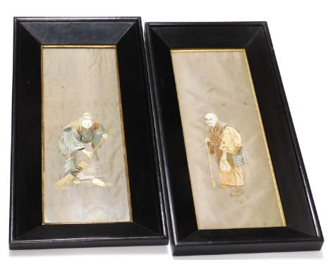 A pair of 19thC Chinese silk pictures, of an old man with a stick, and an old lady sweeping with a brush, 54cm x 19cm.
