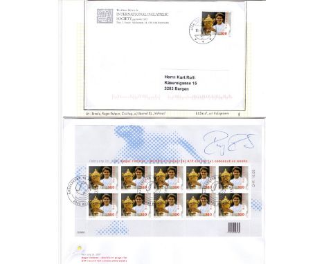 Roger Federer signed on 2007 Swiss miniature on FDC celebrating the player at World ranking #1 for a record 161 consecutive w