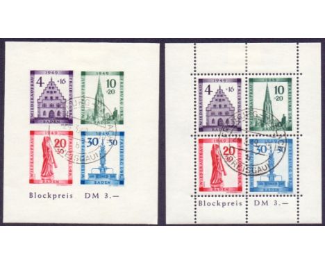 Stamps : BADEN, 1949 Freiburg Rebuilding Fund, perf & imperf miniature sheets fine used, SG MSFB41a & 41b. Cat £650 (2)