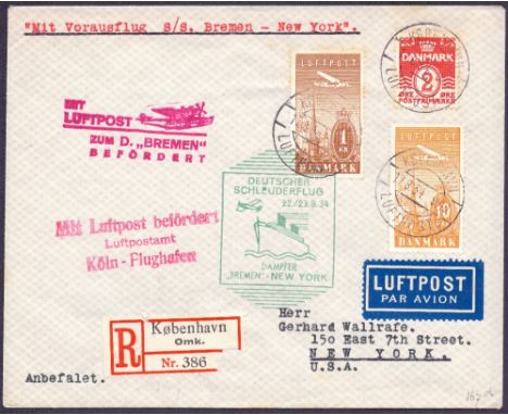 Postal History : CATAPULT MAIL, 1934 22nd Aug, registered envelope franked with three Danish stamps, forwarded via Koln to Ch