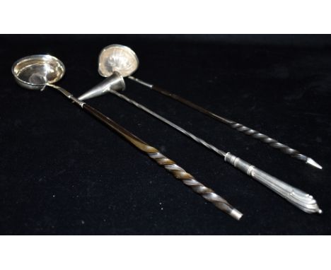 ANTIQUE SILVER HORN HANDLED TODDY LADLES &amp; SILVER PLATED CANDLE SNUFFER One ladle with floral and foliate repousse bowl, 