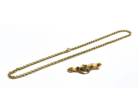 ANTIQUE HALF SEED PEARL &amp; GARNET BAR BROOCH &amp; 9CT GOLD CHAIN 9ct gold Art Nouveau bar brooch, set with half seed pear