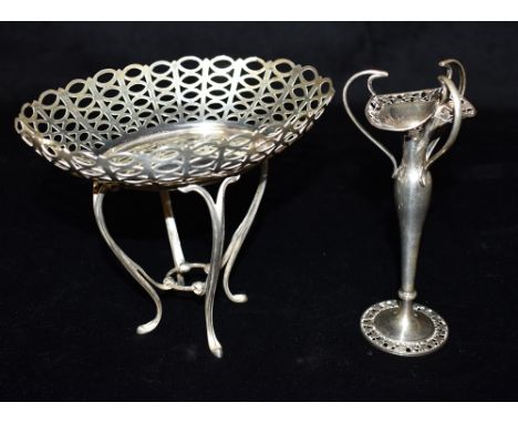 EDWARDIAN DISH &amp; ART NOUVEAU SPILL VASE Silver oval bon bon dish on cabriole legs, stands approx 11cm all, hallmarked Lon
