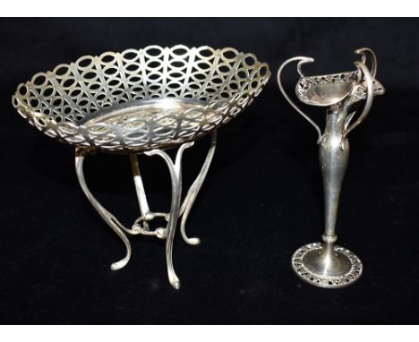 EDWARDIAN DISH &amp; ART NOUVEAU SPILL VASE Silver oval bon bon dish on cabriole legs, stands approx 11cm all, hallmarked Lon