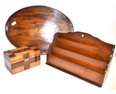 AN EDWARDIAN OVAL MAHOGANY TRAY WITH MARQUETRY DECORATION  55cm wide, a parquetry decorated twin division tea caddy and a mah