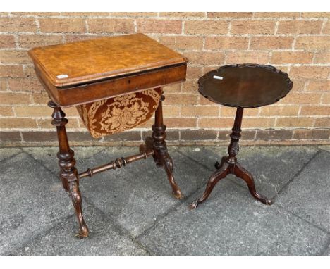 A VICTORIAN WALNUT WORK TABLE  on carved supports united by stretcher, 51cm wide; together with a mahogany tripod occasional 