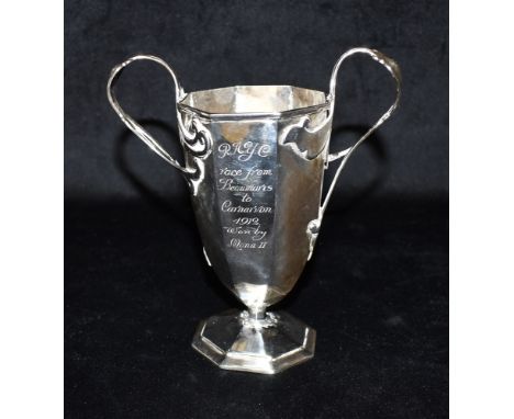 ART NOUVEAU SILVER CHALICE MAPPIN &amp; WEBB Stands approx 16cm tall with fluted sides and base with scrolling arched handles