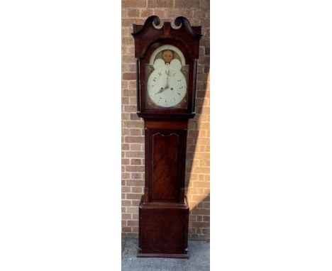 A 19TH CENTURY 8-DAY LONGCASE CLOCK  the enamel dial indistinctly signed, moonphase to the break arch and painted decoration 