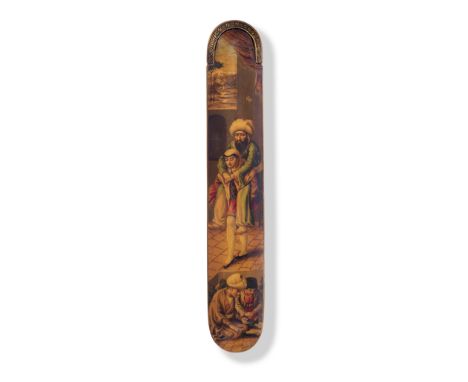 A Qajar lacquer penbox (qalamdan) by Ibrahim  Persia, late 19th/early 20th Centurywith rounded ends and sliding tray, decorat