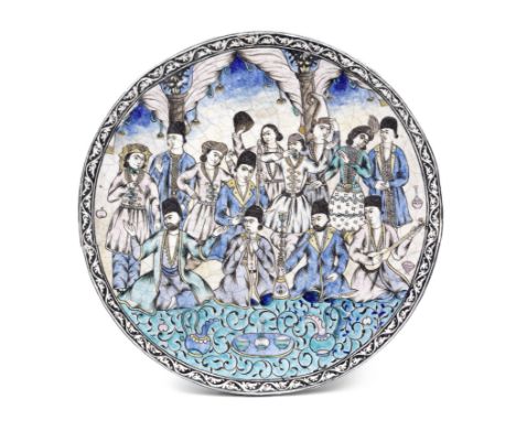 A Qajar underglaze-painted pottery tile Persia, Circa 1880of circular form, decorated underglaze in polychrome on a white gro