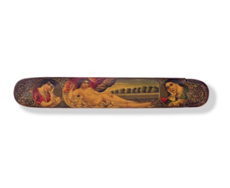 A Qajar lacquer penbox (qalamdan) Persia, 19th Centurywith rounded ends and sliding tray, decorated in polychrome and gilt wi