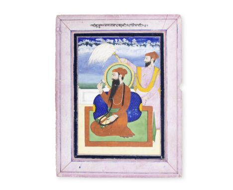 Guru Arjan seated on a terrace holding a flower, with an attendant holding a flywhisk Punjab, attributed to Lal Singh Musavvi