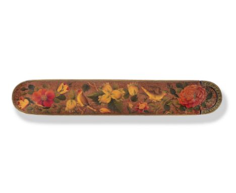 A Qajar lacquer penbox (qalamdan) Persia, 19th Centurywith rounded ends and sliding tray, decorated in polychrome and gilt wi