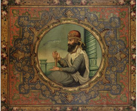 King Faridun Qajar Persia, mid-19th Centuryoil on canvas, the King depicted at a balcony within a roundel, identifying inscri