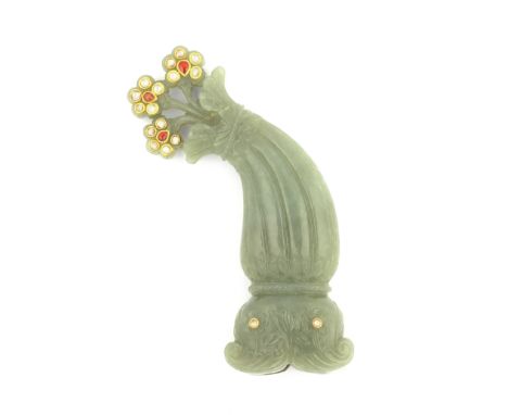 A gem-set jade hilt North India, 19th Centuryof curved form with foliate quillons and openwork pommel in the form of a floral