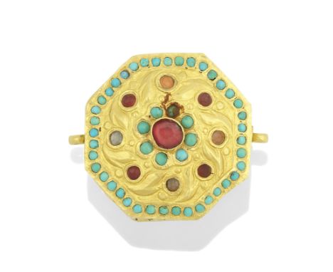 A Qajar turquoise-set enamelled gold amulet case Persia, 19th Centuryof octagonal form with suspension loops to each side, de