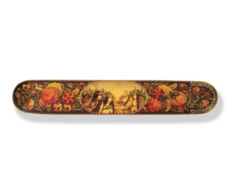 A Qajar lacquer penbox (qalamdan) depicting young dervishes, possibly by Sani' al-Mulk Persia, 19th Centurywith rounded ends 