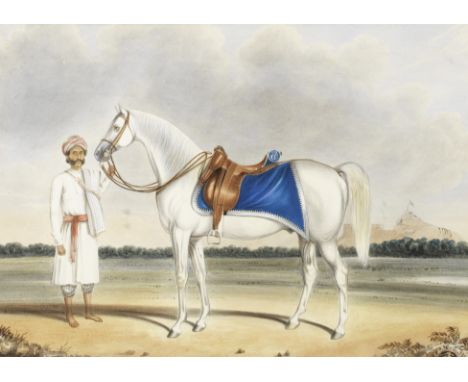 A grey horse of the Madras Light Cavalry standing in a landscape with its groom, with the fort of Trichinopoly, Madras in the