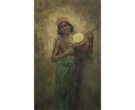 Hugo Vilfred Pedersen (Danish, 1870-1959) A Singapore musicianoil on canvas, signed Hugo V P lower left, stretcher and frame 