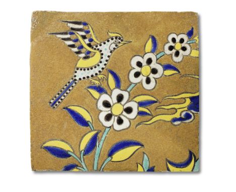 A Safavid cuerda seca pottery Tile Persia,  17th Centuryof square form, decorated in mustard, cobalt-blue, yellow and turquoi