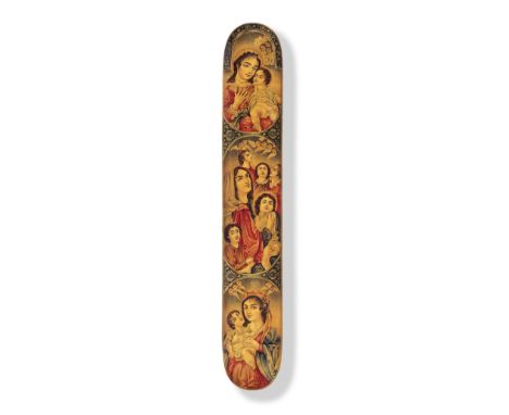 A Qajar lacquer penbox (qalamdan) depicting Christian scenes signed by Ahmad Persia, dated AH 1313/AD 1895-96with rounded end