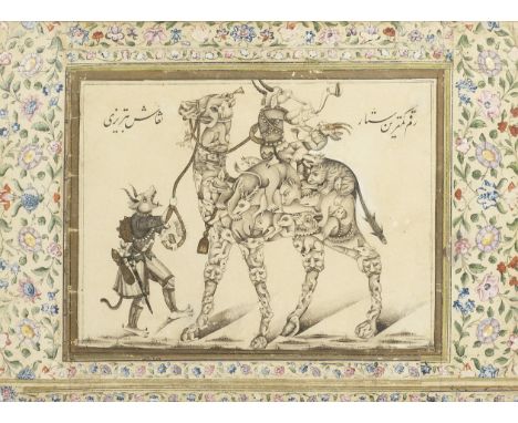 Two demon musicians on a composite camel, led by a third demon Qajar Persia, signed by Sattar Tabrizi, second half of the 19t