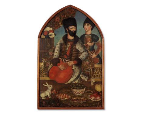 A nobleman drinking wine at a terrace window, a servant standing by Qajar Persia, in a Zand style, mid-19th Centuryoil on can