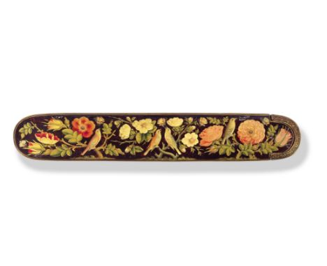 A Qajar style lacquer penbox (qalamdan) Persia, 20th Centurywith rounded ends and sliding tray, decorated in polychrome and g