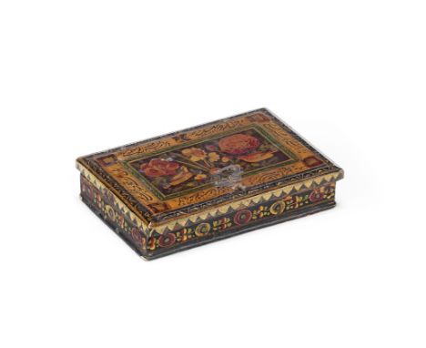 A Qajar lacquer box containing a set of portable merchant's weights and scales Persia, 19th Centuryof rectangular form with h