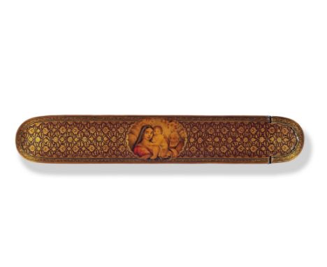 A Qajar lacquer penbox (qalamdan) depicting the Holy Family Persia,  19th Centurywith rounded ends and sliding tray, decorate