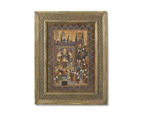 Khusraw Parviz with an assembly of courtiers and servants, by a follower of Haj Mirza Aqa Imami (1880-1955) Iran, 20th Centur