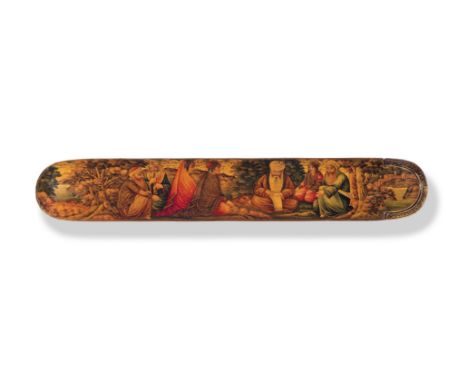 A Qajar lacquer penbox (qalamdan) depicting a wedding scene Persia, 19th Centurywith rounded ends and sliding tray, decorated