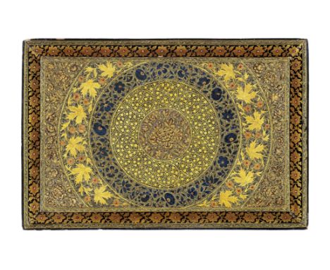 A Kashmir lacquer tray Srinagar, 20th Centuryof rectangular form, decorated in polychrome and gilt with floral and foliate mo