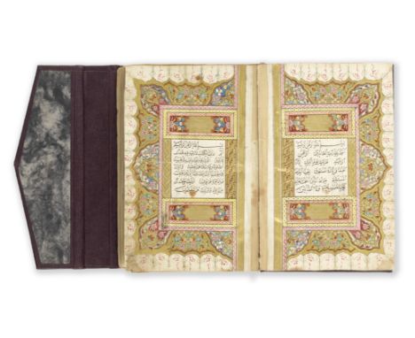 An illuminated Qur'an, copied by Ibrahim Saidawi[?], a pupil of 'Ali al-Wasfi al-Istanbuli Ottoman, provincial, dated AH 1254
