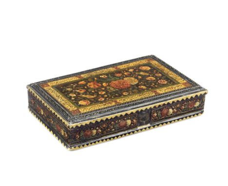 A Qajar lacquer box containing a set of portable merchant's weights and scales Persia, dated AH 1253/ AD 1837-38of rectangula