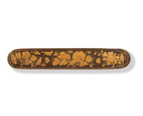 A Qajar lacquer penbox (qalamdan) by Muhammad Husain Persia, circa 1850-70with rounded ends and sliding tray, decorated in mo